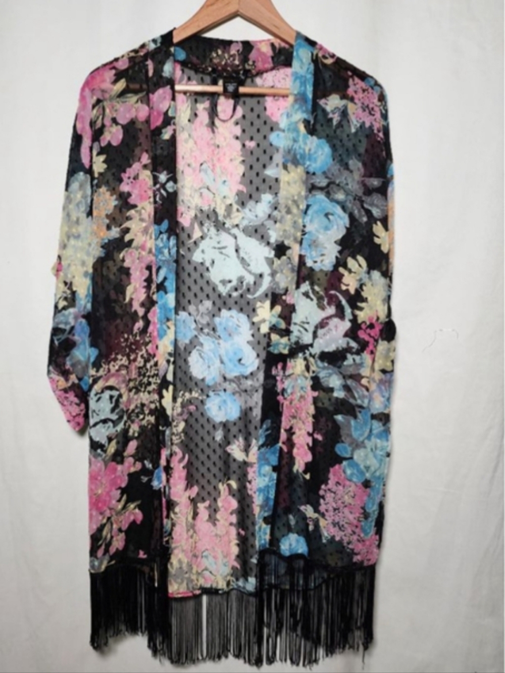 Women's MIXIT Black Floral Fringe Kimono One Size